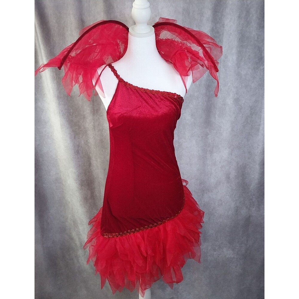 Vintage Y2K Walmart Devil Costume Dress Red Velvet Organza Ruffle Wings Small